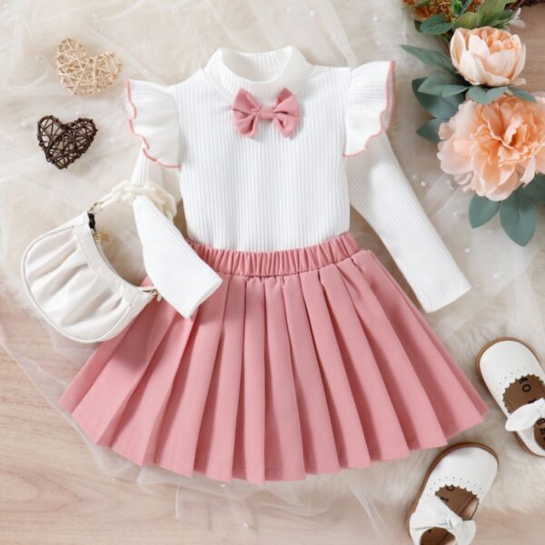 9M-5Y Flying Long Sleeve Bowknot Knitwear Pullover And Pleated Skirt Set Wholesale Kids Boutique Clothing KDV493019