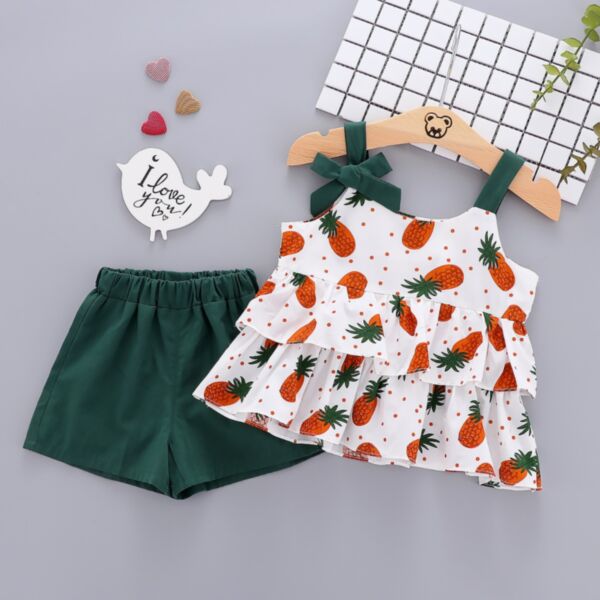 6M-3Y Pineapple Print Bowknot Suspender Pleated Dress And Shorts Set Baby Wholesale Clothing KSV493061