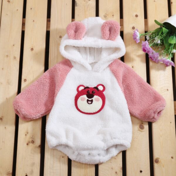 0-12M Plush Fleece Bear Print Colorblock Romper With Hat And Pants Set Baby Wholesale Clothing KJV493121