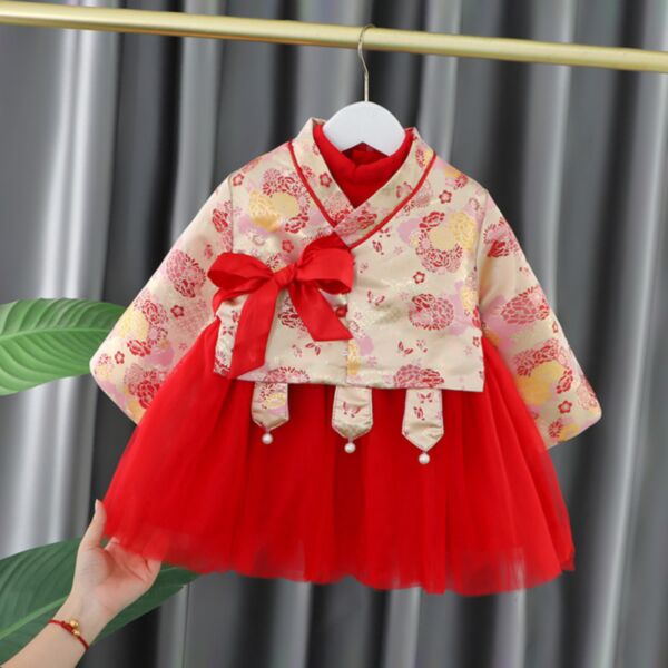 9M-4Y Suit Bowknot String Floral Tops And Mesh Dress Wholesale Kids Boutique Clothing