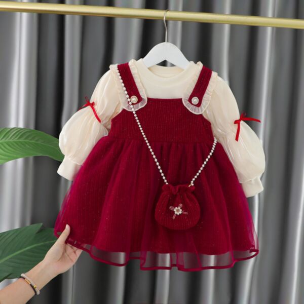 9M-5Y Bubble String Bowknot Tops And Suspender Red Dress Set Wholesale Kids Boutique Clothing KSV493187