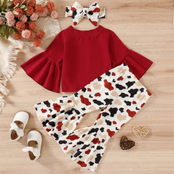 9M-4Y Batwing Sleeve Solid Color Tops And Graphic Flares Pants Set Wholesale Kids Boutique Clothing KSV493011