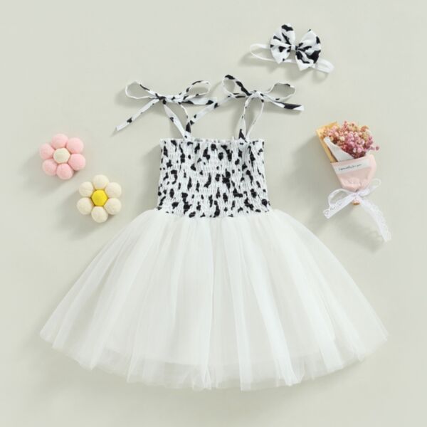 6M-3Y Waist Tuck Suspender Bowknot Cow Print Mesh Skirt Dress Baby Wholesale Clothing KDV493132