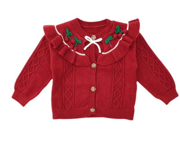 2-6Y Knitwear Lotus Wide Cherry Print Collar Button Cardigan Wholesale Kids Boutique Clothing KTV493196