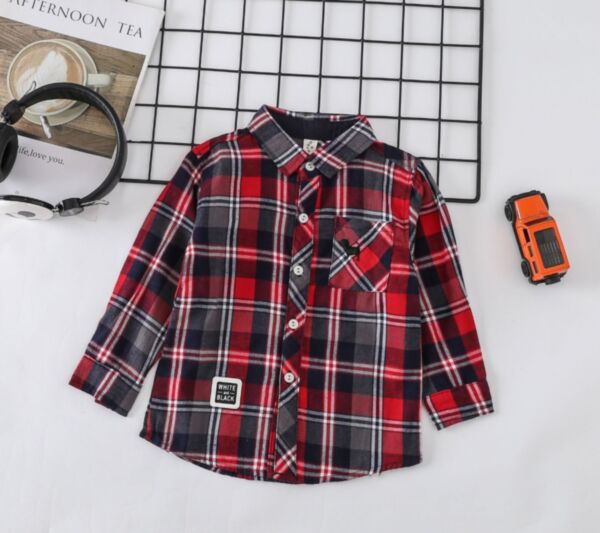 18M-6Y Toddler Boys Long Sleeve Embroidered Cartoon Pocket Plaid Shirt Wholesale Boys Clothing KTV388443