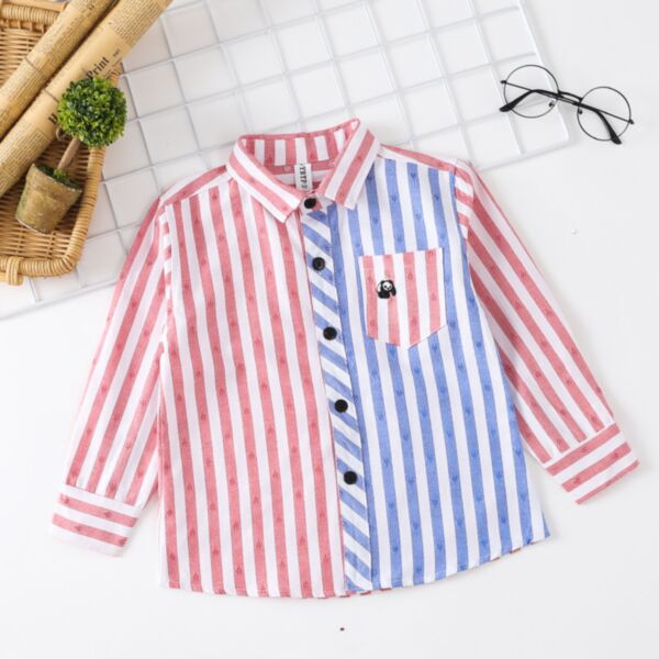 18M-6Y Toddler Boys Panda Embroidered Colorblock Striped Cartoon Pocket Shirt Wholesale Boys Clothes KTV388442