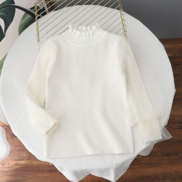 3-7Y Toddler Girls Gauze Sequins Puff Sleeve Half Turtleneck Bottoming Sweater Wholesale Girls Clothes KTV388491