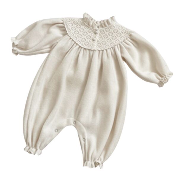 0-18M Lace Rhombus Hollow Print Lotus Sleeve Solid Color Jumpsuit Baby Wholesale Clothing KJV493205