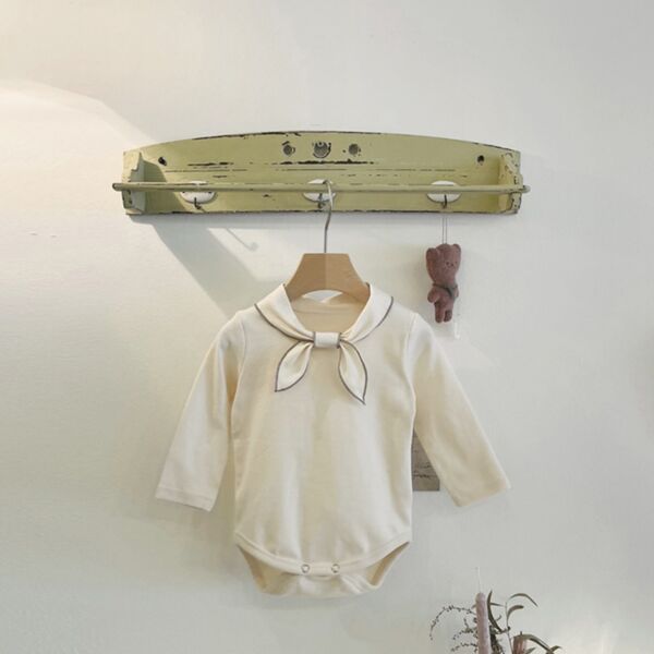 0-18M Solid Color Bowknot Collar Long Sleeve Button Bottom Romper Baby Wholesale Clothing KJV493204