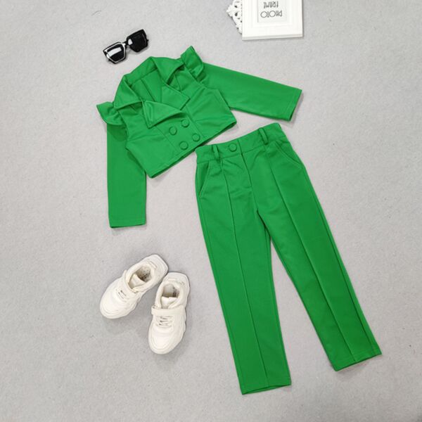 18M-7Y Green Double Button Flying Sleeve Coat And Trousers Set Wholesale Kids Boutique Clothing KSV493228