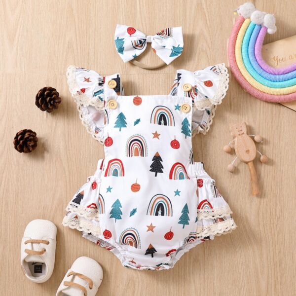 3-18M Rainbow Tree Print Lace Flying Sleeve Romper Baby Wholesale Clothing KJV493220