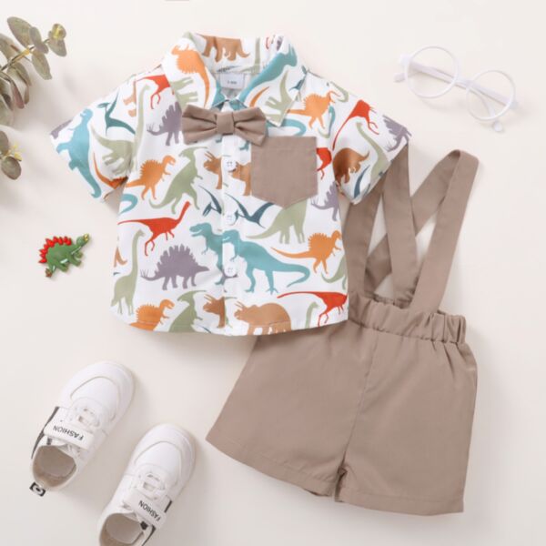 3-24M Dinosaur Print Bowknot Shirt And Suspender Shorts Set Baby Wholesale Clothing KSV493149