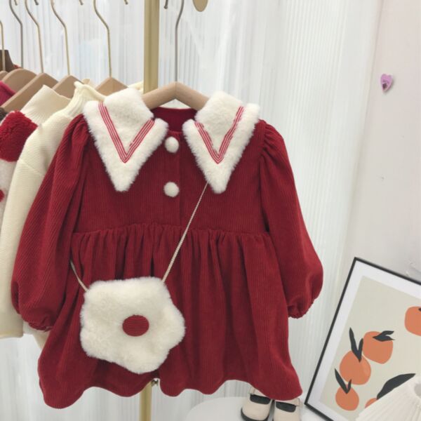 18M-6Y Knitwear Bubble Print Fur Button Collar Dark Red Dress Wholesale Kids Boutique Clothing KDV493039