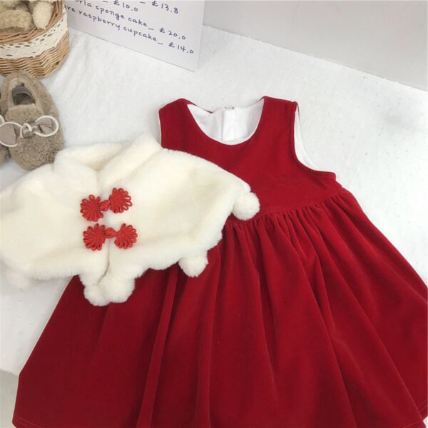 18M-6Y Red Sleeveless Fleece Pleated Dress And Plush White Wraps Set Wholesale Kids Boutique Clothing KSV493036
