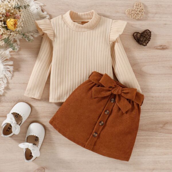 9M-5Y Corduroy Flying Sleeve Knitwear Pullover And Bowknot Skirt Set Wholesale Kids Boutique Clothing