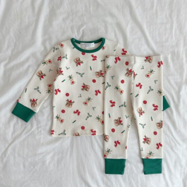6-24M Pajamas Christmas Deer Print Colorblock Pullover And Pants Baby Wholesale Clothing KJV493091