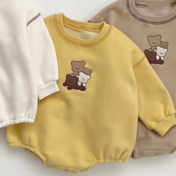 0-18M Bear Print Solid Color Fleece Long Sleeve Romper Baby Wholesale Clothing KJV493089