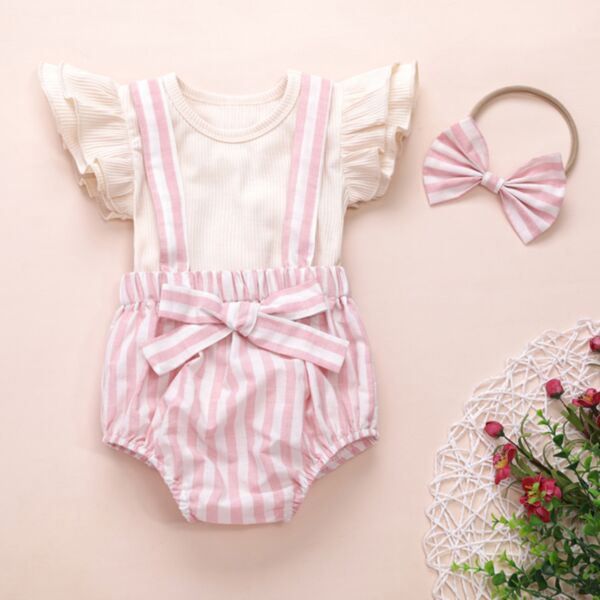 6-24M Lotus Sleeve Suspender Style Bowknot Romper Baby Wholesale Clothing KJV493085