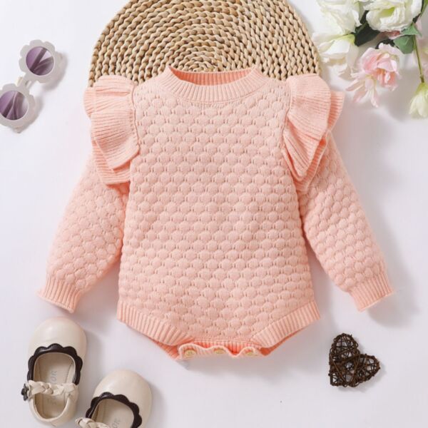 6-24M Knitwear Rhombus Solid Color Lotus Sleeve Sweater Romper Baby Wholesale Clothing KJV493227