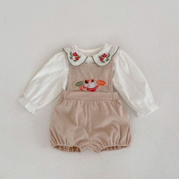 3-24M Printed Texture Suspender Short Pants And Cherry Print Collar Bubble Tops Set Baby Wholesale Clothing KSV493244