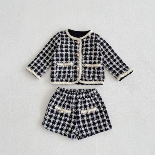 3-24M Plaid Pearl Button Fleece Coat And Shorts Set Baby Wholesale Clothing