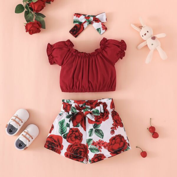 3-24M Lotus Short Sleeve Solid Color Tops And Flower Bowknot Shorts Set Baby Wholesale Clothing KSV493239