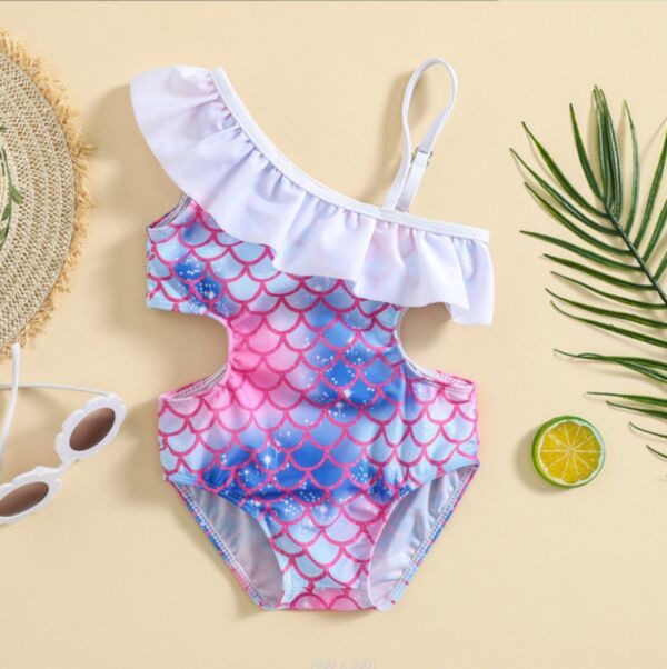 9M-4Y Toddler Girls Fish Scales Ruffled Sling One-Piece Swimsuit Wholesale Girls Clothes KSWV388653