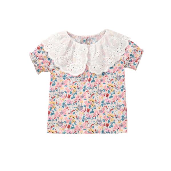 18M-6Y Toddler Girls Summer Floral Doll Collar Embroidery Hollow Short Sleeves Tops Wholesale Girls Clothes KTV388624