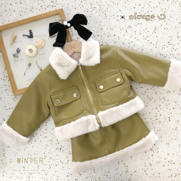 18M-7Y Fleece Solid Color PU Zipper Coat And Skirt Set Wholesale Kids Boutique Clothing KSV493285