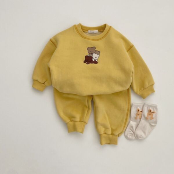3-24M Bear Print Solid Color Pullover And Pants Set Baby Wholesale Clothing