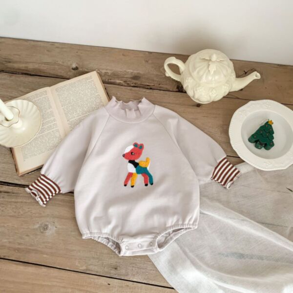 3-24M Deer Print Striped Sleeve Romper Baby Wholesale Clothing KJV493274