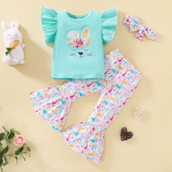 18M-5Y Flying Sleeve Bunny Print Tops And Floral Flares Pants Set Wholesale Kids Boutique Clothing KSV493301