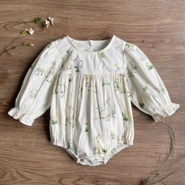 0-18M Floral Bunny Print Lotus Sleeve Romper Baby Wholesale Clothing KJV493355