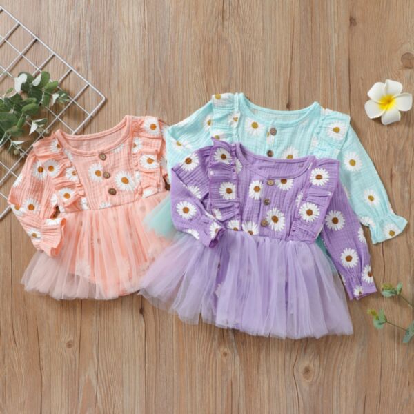 3-18M Flying Lotus Sleeve Daisy Mesh Skirt Dress Baby Wholesale Clothing KDV493352