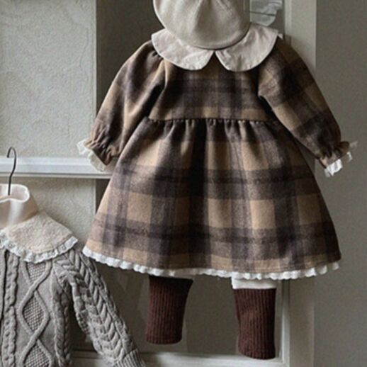 6M-4Y Plaid Long Sleeve Lace Collar Bubble Dress Wholesale Kids Boutique Clothing KDV493340