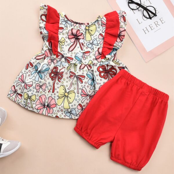 9M-4Y Flying Lotus Sleeve Bowknot Print Dress And Shorts Wholesale Kids Boutique Clothing