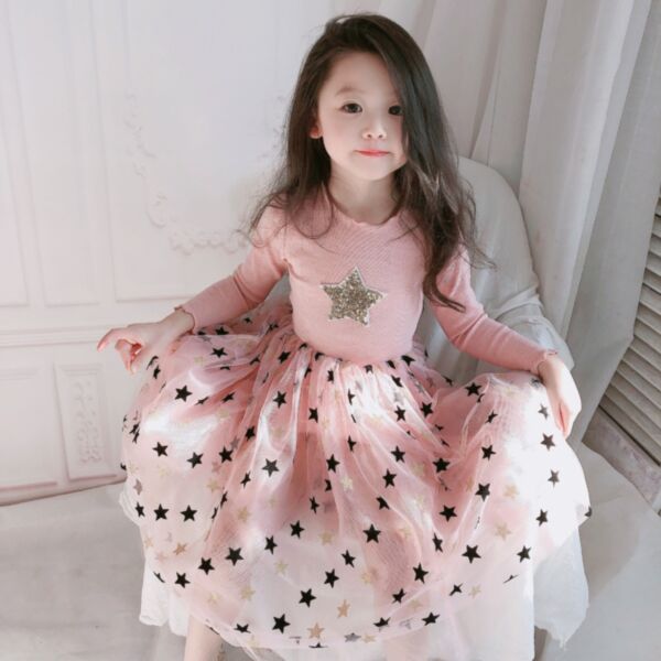 18M-7Y star print mesh long sleeve princess dress wholesale kids boutique clothing KDV493322