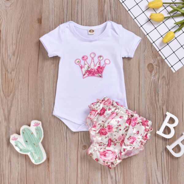 3-18M Crown Print Short Sleeve Romper And Floral Briefs Set Baby Wholesale Clothing KSV493317