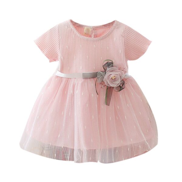 3-18M Flower Waistbelt Mesh Skirt Short Sleeve Dress Baby Wholesale Clothing KDV493316
