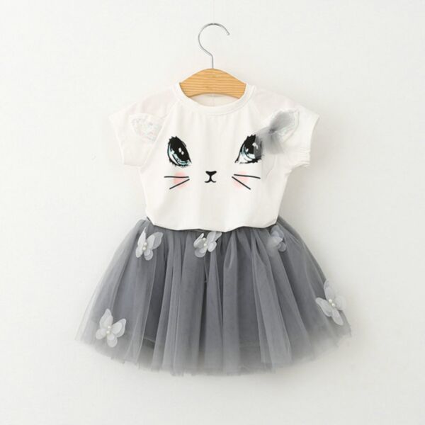 2-7Y Animal Face Print Short Sleeve T-Shirt And Skirt Set Wholesale Kids Boutique Clothing KSV493315