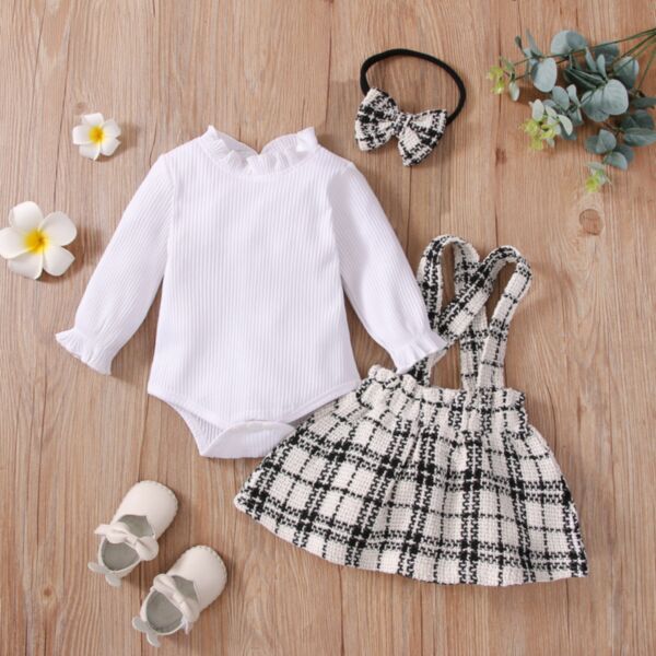 6-24M White Lotus Sleeve Romper And Plaid Suspender Skirt Set Baby Wholesale Clothing KSV493295