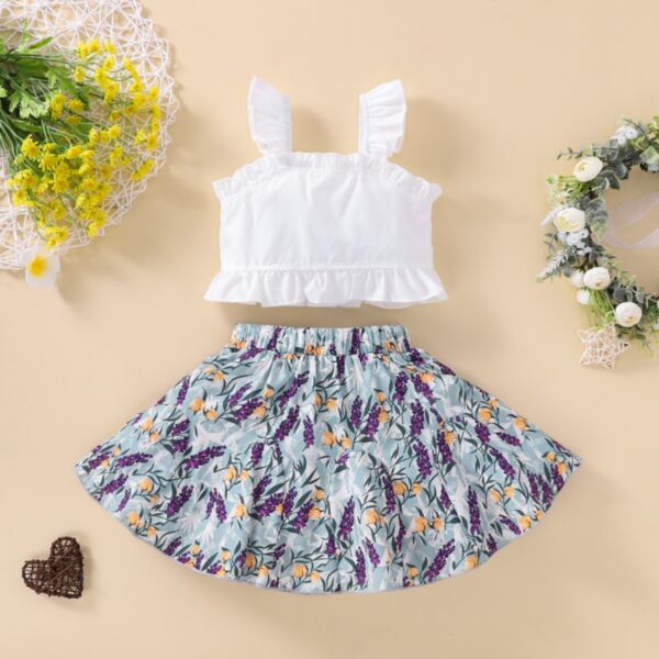 2-7Y Lotus Suspender Tops And Floral Pleated Skirt Set Wholesale Kids Boutique Clothing KSV493292