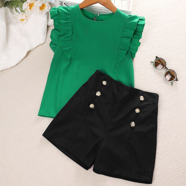 3-12Y Lotus Sleeve Green Tops And Double-Breasted Skirt Set Wholesale Kids Boutique Clothing KSV493383