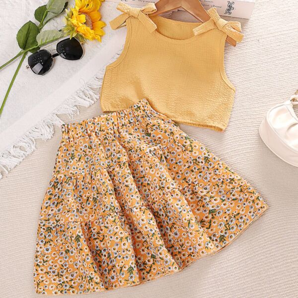 3-7Y Bowknot Sleeveless Tops And Floral Skirt Set Wholesale Kids Boutique Clothing KSV493380