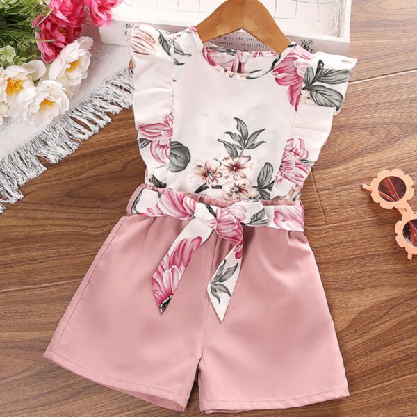 3-7Y Flying Sleeve Bowknot Flower Tops And Solid Color Shorts Wholesale Kids Boutique Clothing KSV493371