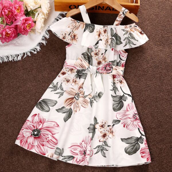 3-7Y Flower Print Suspender Lotus Wide Collar Dress Wholesale Kids Boutique Clothing KDV493366