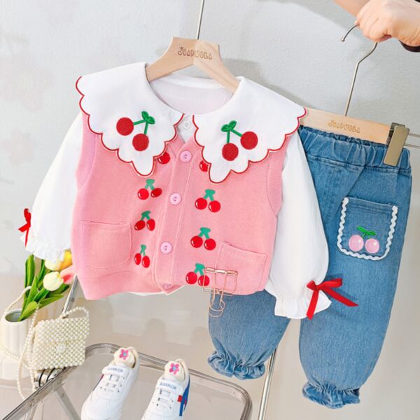 6-24M Cherryberry Print Wide Wave Collar Tops Button Knitwear Vest And Lotus Jeans Set Baby Wholesale Clothing KSV493166