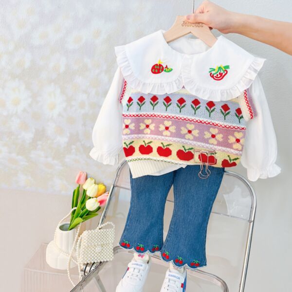 6M-3Y Tops And Flower Striped Knitwear Vest And Jeans Baby Wholesale Clothing KSV493165