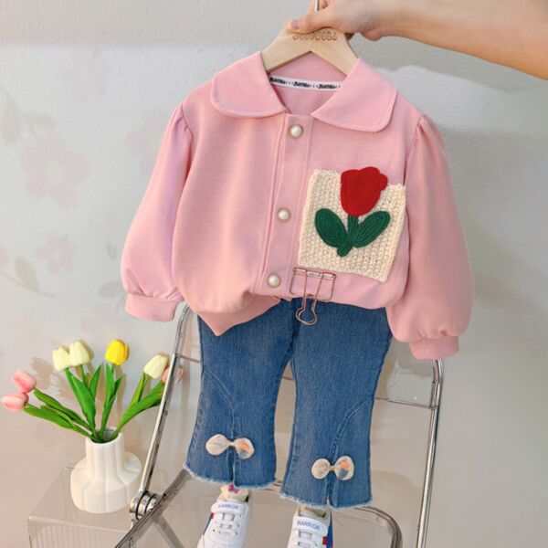 6M-3Y Rose Knitwear Pocket Pearl Button Coat And Jeans Set Baby Wholesale Clothing KSV493160