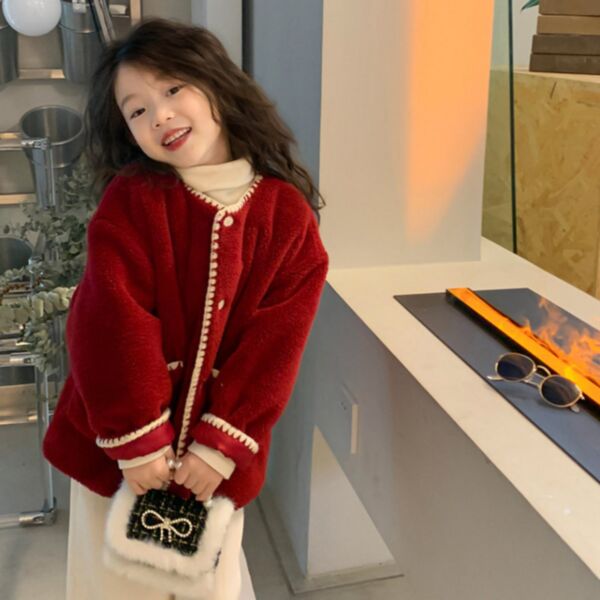 18M-6Y Lamb Fleece Button Red Jacket Wholesale Kids Boutique Clothing KCV493147